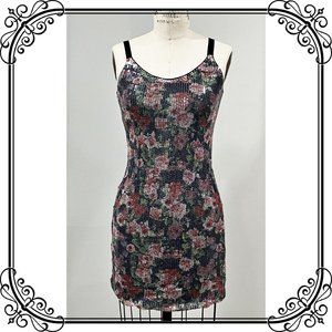 AQUA Rose Print Sequin Mini Dress - Size XS